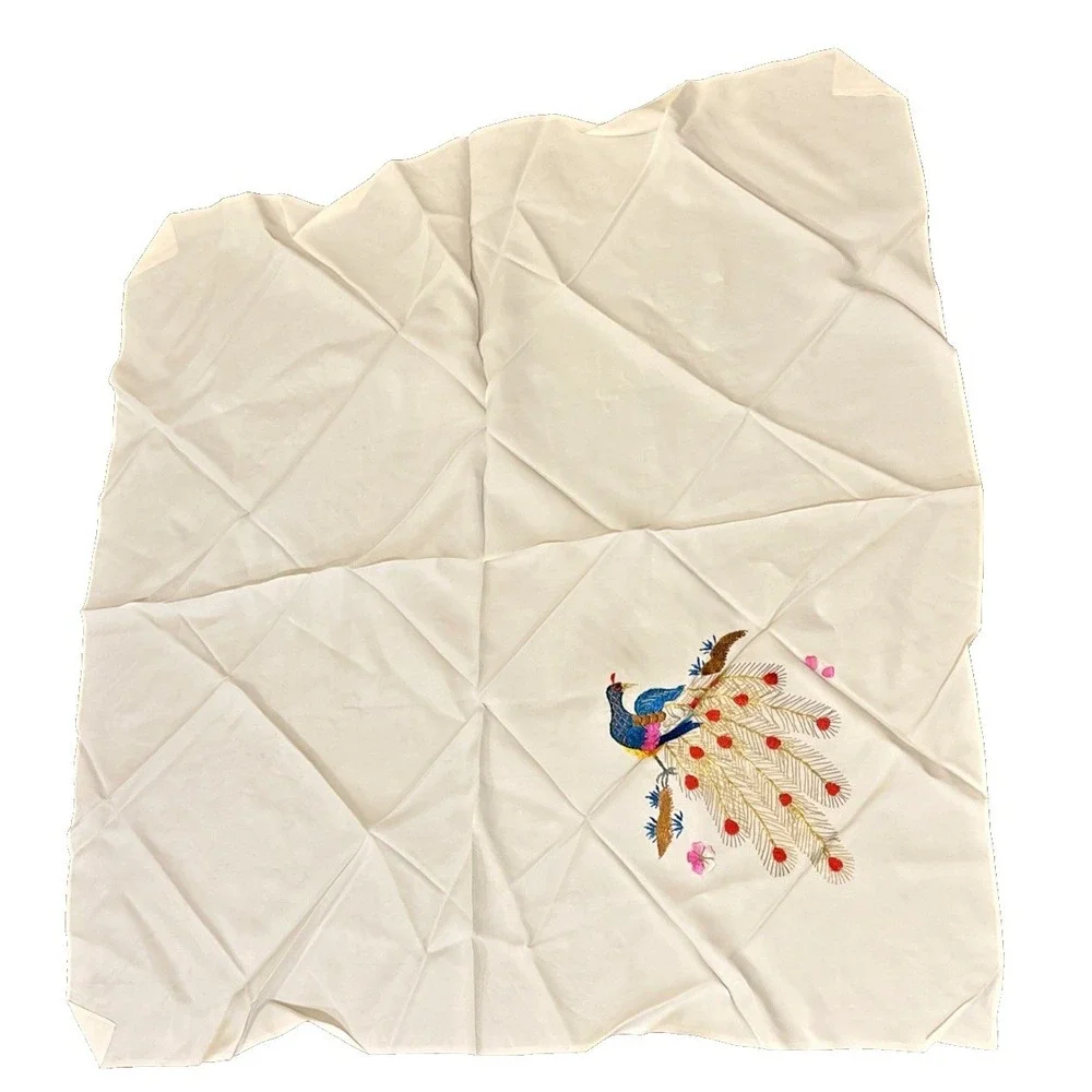 Vintage Embroidered Peacock Scarf White Square Scarf 28
